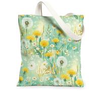Borsa tote in tela con dente di leone da donna, primaverile floreale, crisantemo, erba, primavera, giallo, lavabile, riutilizzabile, borsa per la spesa, viaggi, ufficio, biblioteca, casual, 33 x 38 cm