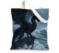 Borsa tote in tela con drago fantasy, design artistico con onde dell'oceano, borse per la spesa riutilizzabili, leggere e lavabili, per viaggi, palestra, spiaggia, 33 x 38 cm
