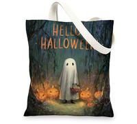 Borsa tote in tela con fantasma di Halloween, divertente design spettrale, borse della spesa riutilizzabili, leggera e lavabile, tracolla tote per dolcetto o scherzetto, 33 x 38 cm