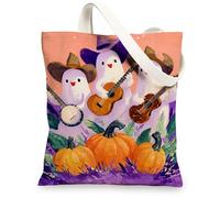 Borsa tote in tela con fantasma, motivo con zucche, riutilizzabile, divertente, leggera, lavabile, per viaggi, spiaggia, 33 x 38 cm