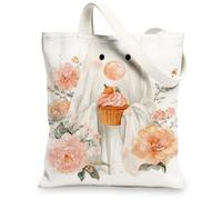 Borsa tote in tela con fantasma, motivo floreale, leggera e lavabile, divertente borsa per la spesa artistica per spiaggia picnic T, bianco, 13x15 Inch