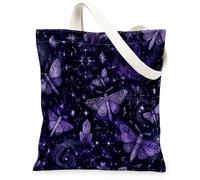 Borsa tote in tela con farfalla per donne, mistica artistica stella autunnale viola lavabile riutilizzabile borse per la spesa idee per O, Viola, 13x15 Inch