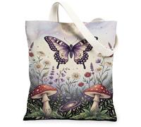 Borsa tote in tela con farfalla per donne, natura fantasiosa fungo fiore primavera viola lavabile riutilizzabile piccole borse tote idee, Viola, 13x15 Inch