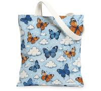 Borsa tote in tela con farfalla per le donne, primavera giocosa nuvola pois blu primavera lavabile riutilizzabile piccole borse tote idee per, Blu, 13x15 Inch