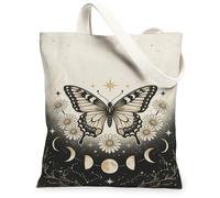 Borsa tote in tela con farfalle, da donna, stile bohémien, con crisantemo e luna, colore nero, lavabile, riutilizzabile, estetica, idea per familiari, amici, colleghi, lettura di amori, 33 x 38 cm