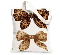 Borsa tote in tela con fiocco da donna, alla moda con stampa leopardata, nastro nessuno marrone, lavabile, riutilizzabile, idea per shopping, viaggi, ufficio, biblioteca, casual, 33 x 38 cm