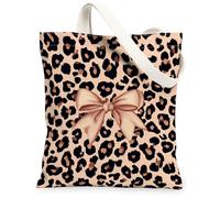 Borsa tote in tela con fiocco da donna, alla moda, eccentrica, stampa leopardata, senza pois, beige, lavabile, riutilizzabile, idea per viaggi, attività all'aperto, giornata lavorativa, lettura, 33 x