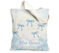 Borsa tote in tela con fiocco da donna, morbida, fantasiosa farfalla foglia primavera blu lavabile riutilizzabile piccola borsa tote idee per viaggi, lavoro, shopping, libreria, 33 x 38 cm