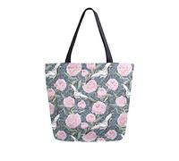 Borsa tote in tela con fiori di peonia, uccelli gru, borse per la spesa riutilizzabili, borsa da trasporto con manici