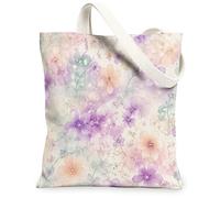 Borsa tote in tela con fiori per le donne, primavera fantasiosa viola pesca primavera viola lavabile riutilizzabile piccole borse tote idee per Fa, Viola, 13x15 Inch