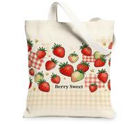 Borsa tote in tela con fragole da donna, estiva a scacchi con api giocose, colore rosso, lavabile, riutilizzabile, per tutti i giorni, ideale per shopping, viaggi, ufficio, biblioteca, casual, 33 x 38