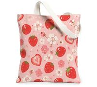 Borsa tote in tela con fragole per le donne, borsa per la spesa riutilizzabile lavabile e riutilizzabile con fiori e cuori primaverili con fiori e cuori, Pesca, 13x15 Inch
