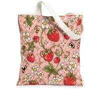 Borsa tote in tela con fragole per le donne, estiva, giocoso, fiore, ape, pesca, lavabile, riutilizzabile, estetica, borsa tote Idee per, Pesca, 13x15 Inch