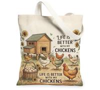 Borsa tote in tela con gallina, da donna, rustica, con girasole, autunnale, marrone, lavabile, riutilizzabile, piccola borsa tote idea per familiari, amici, colleghi, lettura di amori, 33 x 38 cm