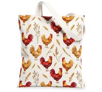 Borsa tote in tela con gallo da donna, rustica, con piume di grano, colore rosso, lavabile, riutilizzabile, per lo shopping, Rosso, 13x15 Inch