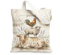 Borsa tote in tela con gallo, da donna, rustica, pastorale, mucca, primavera, beige, lavabile, riutilizzabile, per tutti i giorni, idea per viaggi, attività all'aperto, giornata lavorativa, lettura