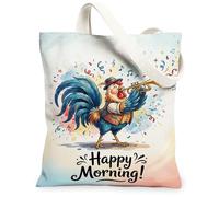 Borsa tote in tela con gallo da donna, simpatica tromba, note musicali mattutine, blu, lavabile, riutilizzabile, idea per familiari, amici, colleghi, lettura di amori, 33 x 38 cm