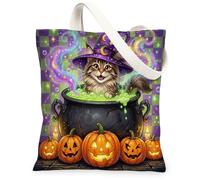 Borsa tote in tela con gatti Maine Coons per lo shopping, 33 x 38, calderone per le vacanze, riutilizzabile, per donne, motivo da viaggio con streghe, decorazione regalo