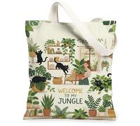 Borsa tote in tela con gatto da donna, accogliente e fantasioso, verde primavera, lavabile, riutilizzabile, per tutti i giorni, idea per familiari, amici, colleghi, lettura di amori, 33 x 38 cm