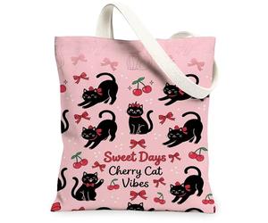 Borsa tote in tela con gatto da donna, simpatica e giocosa con fiocco, ciliegie, pesca estiva, lavabile, riutilizzabile, borsa tote per mercato, idea per shopping, viaggi, ufficio, biblioteca, casual