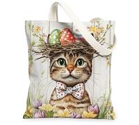 Borsa tote in tela con gatto del Bengala primaverile pasquale, per lo shopping, 33 x 38 cm, rustico, con gattino di campagna, riutilizzabile, per donne, motivo estetico, decorazione regalo