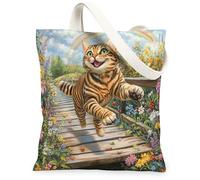 Borsa tote in tela con gatto del Bengala primaverile per lo shopping, 33 x 38 cm, borsa riutilizzabile con motivo stampato di gattini da giardino di campagna per donne, divertente fiore per animali