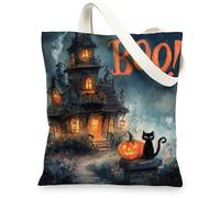 Borsa tote in tela con gatto di Halloween, design con zucca spettrale, borse della spesa riutilizzabili, vintage, gotico, leggera, lavabile, tracolla in tela per dolcetto o scherzetto, shopping 33 x