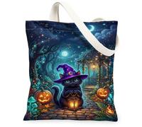 Borsa tote in tela con gatto, fantasiosa zucca mistica lanterna Halloween nera piccola tote bag 33 x 38 cm