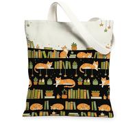 Borsa tote in tela con gatto per donne, accogliente libri giocosi piante autunno nero lavabile riutilizzabile grafica tote bag idee per esterni Tr