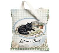 Borsa tote in tela con gatto per donne, accogliente pianta del libro fantasiosa N/a verde lavabile riutilizzabile borsa estetica borsa tote idee per lo shopping T, Verde, 13x15 Inch