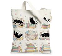 Borsa tote in tela con gatto per donne, fantasiosi libri giocosi fiori N/a nero lavabile riutilizzabile borsa estetica idee per familiari, amici, colleghi, lettura amori, 33 x 38 cm