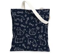 Borsa tote in tela con gatto per donne, giocosa fantasiosa stella a lisca di pesce nessuno blu navy lavabile riutilizzabile piccola borsa tote per lo shopping Brunc, Navy, 13x15 Inch