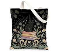 Borsa tote in tela con gatto per donne, gotico fantasioso libri fiori autunno nero lavabile riutilizzabile piccole borse tote idee per lo shopping, nero, 13x15 Inch