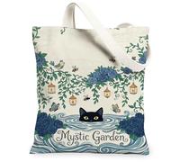 Borsa tote in tela con gatto per donne, natura mistica rosa uccello primavera blu lavabile riutilizzabile borsa per la spesa idee per viaggi lavoro S, Blu, 13x15 Inch