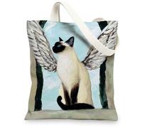 Borsa tote in tela con gatto siamese, borse della spesa riutilizzabili artistiche, borse leggere blu con tracolla 33 x 38 cm