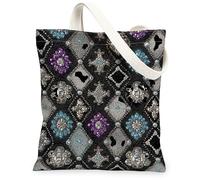 Borsa tote in tela con gemme da donna, elegante chic con diamanti floreali nessuno nero, lavabile, riutilizzabile, borsa tote con grafica, idea per viaggi, attività all'aperto, giornata lavorativa