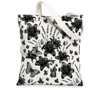 Borsa tote in tela con gigli per donne, floreale vintage lavanda farfalla primavera nera lavabile riutilizzabile borsa della spesa idee per Fa, nero, 13x15 Inch