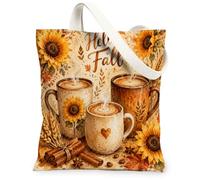 Borsa tote in tela con girasole da donna, autunno rustico tazze da caffè bastoncini di cannella giallo autunnale lavabile riutilizzabile piccole borse tote, Giallo, 13x15 Inch