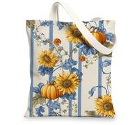 Borsa tote in tela con girasole, design vintage floreale con zucca, ecologiche, borsa per la spesa, leggera e lavabile, per spiaggia, palestra, picnic, 33 x 38 cm