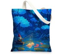 Borsa tote in tela con gnomo, con scena artistica di pesca, leggera, lavabile, riutilizzabile, per viaggi, spiaggia, shopping, Blu, 13x15 Inch