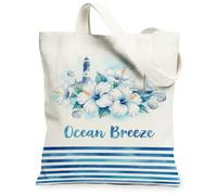 Borsa tote in tela con ibisco, da donna, con faro tropicale costiero, barca a vela, estate blu, lavabile, riutilizzabile, borsa tote con grafica, per shopping, brunch parco, biblioteca, gite di un