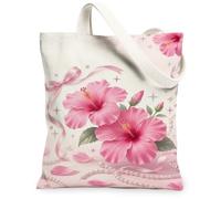 Borsa tote in tela con ibisco, da donna, floreale, romantica, con nastro e perle, estate, pesca, lavabile, riutilizzabile, ideale per viaggi, attività all'aperto, giornata lavorativa, lettura, 33 x 38
