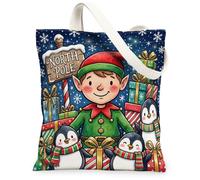 Borsa tote in tela con illustrazione festiva con fatine e pinguini, 33 x 38 cm