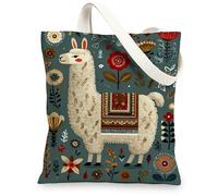 Borsa tote in tela con lama e motivo lama, riutilizzabile, motivo floreale, vintage, leggera, lavabile, borsa in tela per palestra, viaggi, spiaggia, picnic, 33 x 38 cm