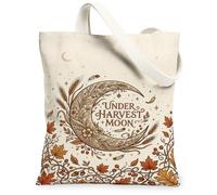 Borsa tote in tela con luna crescente, bohémien rustica autunnale foglie floreali elementi autunnali beige borse della spesa 33 x 38 cm