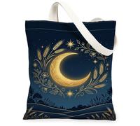 Borsa tote in tela con luna crescente, celestiale, bohémien, stelle, floreale, blu navy, borse per la spesa, 33 x 38 cm