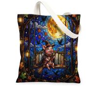 Borsa tote in tela con maiale di Halloween per lo shopping, 13 x 15, borsa della spesa riutilizzabile per le donne, motivo da viaggio con streghe, decorazione regalo