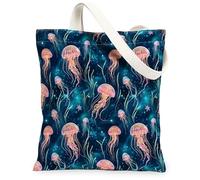 Borsa tote in tela con meduse per donne, oceano fantasioso alghe stelle estate blu lavabile riutilizzabile mercato tote bag idee per Fa, Blu, 13x15 Inch
