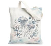 Borsa tote in tela con meduse per donne, oceano, fantasioso, corallo, stella marina, estate, blu, lavabile, riutilizzabile, piccole borse tote idee per, Blu, 13x15 Inch