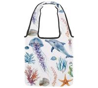 Borsa tote in tela con motivo acquerello con delfini, meduse e stelle marine, borsa media per libri, riutilizzabile, per donne, insegnanti, infermiere, Multicolore 03, 14.1x14.9in/36x38cm